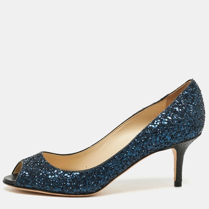 Jimmy Choo Romy Size 36 Blue Glitter Peep Toe Pumps